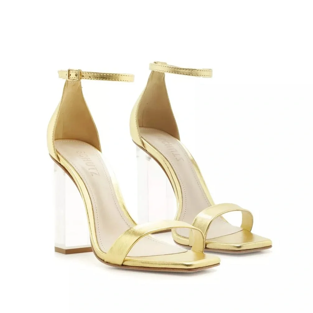 SCHUTZ Sanai Gold leather Metallic clear block heel sandal in size 8. Never worn - Picture 1 of 4